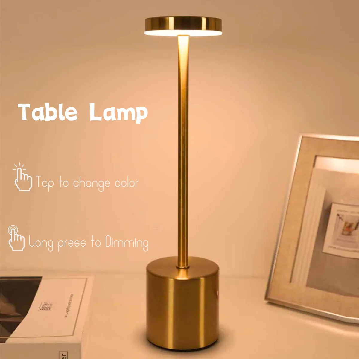 Rechargeable Touch LED Table Lamp – 3-Color Metal Bedside Light