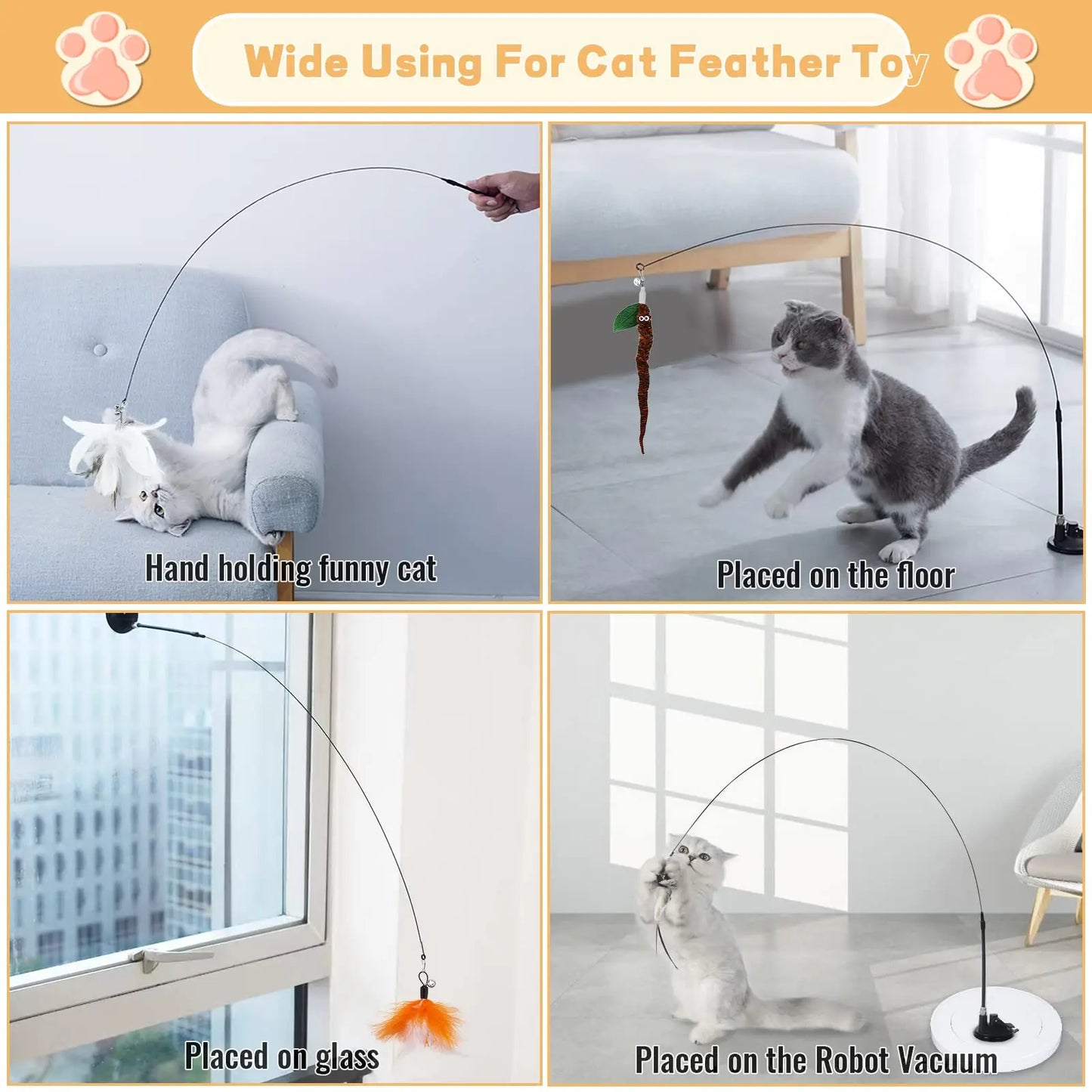 Interactive Cat Feather Wand with Suction Cup